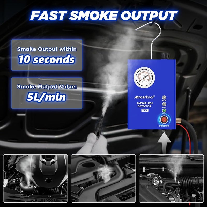 MRCARTOOL T100 Smoke Machine Leak Detector Automotive EVAP Smoke Leak Tester with Built-in Air Pump&Pressure Gauge, Leak Diagnostic Detector Tools Kit for All DC 12V Vehicles - Image 3